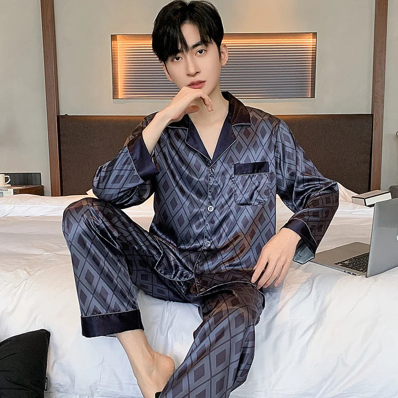 High Quality Pajamas Set Men Spring Autumn Thin Polyester Ice Silk Long-sleeved Sleepwear Plus Size Summer Home Clothes Male