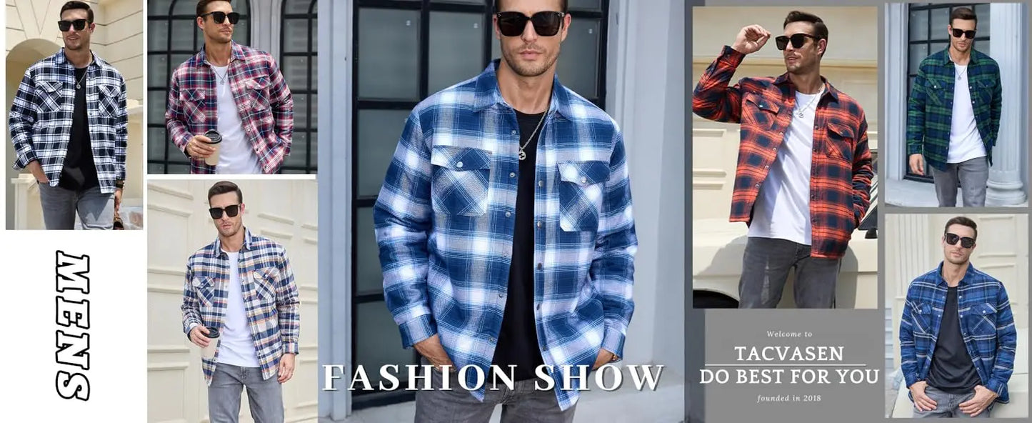 TACVASEN Winter Plaid Cotton Jackets Mens Long Sleeve Quilted Lined Flannel Shirt Jacket Multi-Pockets Outwear Hiking Coats Tops