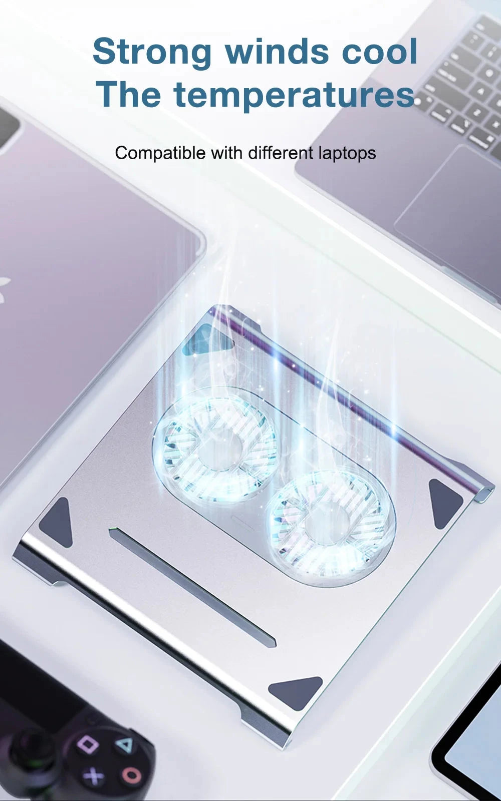 2 High - Speed Fan Aluminum Laptop Cooler with Pad, Adjustable Stand, for 10 - 15" Laptops - AMULET RING STORE