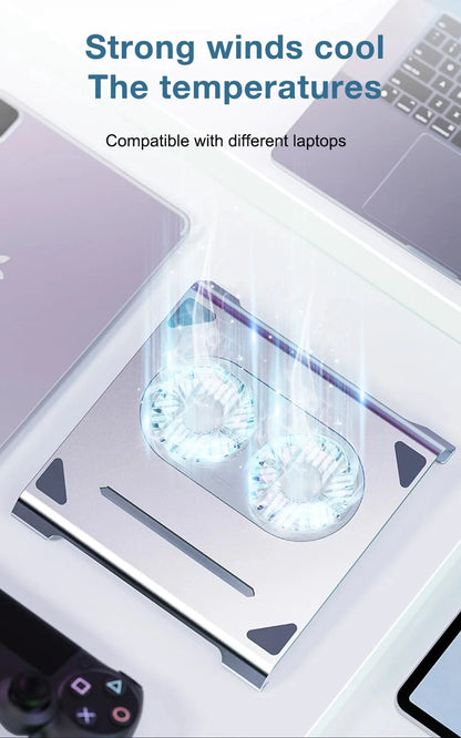 2 High - Speed Fan Aluminum Laptop Cooler with Pad, Adjustable Stand, for 10 - 15" Laptops - AMULET RING STORE