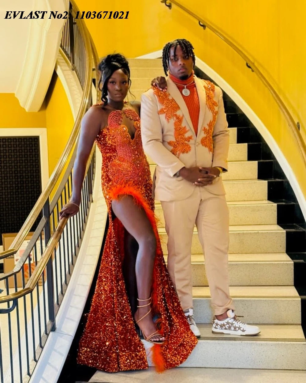 EVLAST Orange Sequin Mermaid Dress - Prom Gown - AMULET RING STORE