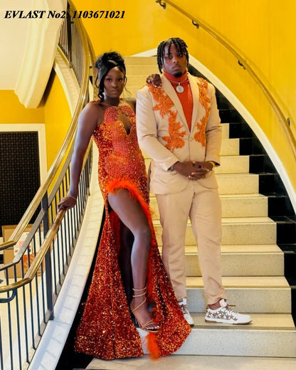 EVLAST Orange Sequin Mermaid Dress - Prom Gown - AMULET RING STORE