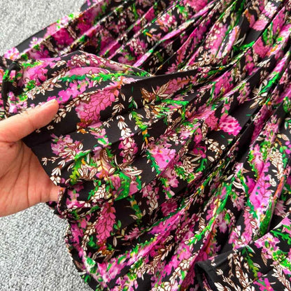 Chiffon A-Line Midi Skirt Women's Autumn 2025 New Sle Cover Hip Draped Large Swing Umbrella Skirt Pleated Floral Skirt