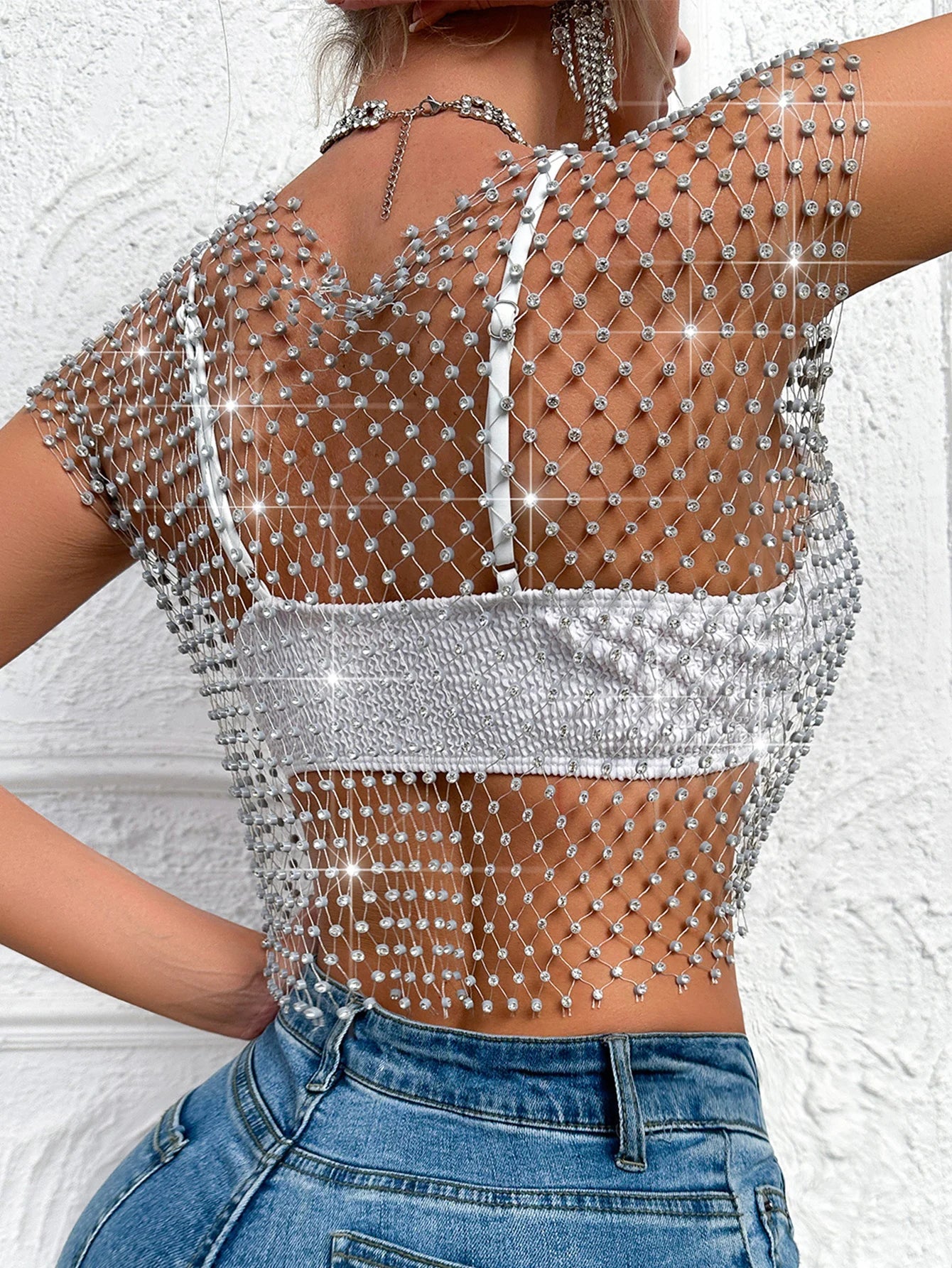 Sexy see through black rhinestone Crop Top Women 2025 Summer Sparkly fishnet beach Party Tank Top night club outfits Tops smock - AMULET RING STORE