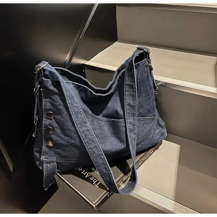 2025 New Women's Denim Tote Bag - Retro Crossbody Shoulder Bag with Large Capacity for Work & Commute, Fashionable Denim Handbag
