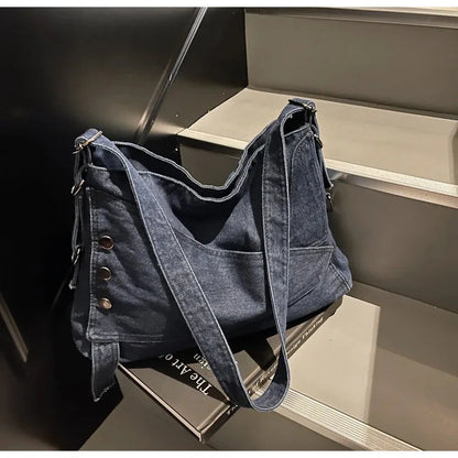 2025 New Women's Denim Tote Bag - Retro Crossbody Shoulder Bag with Large Capacity for Work & Commute, Fashionable Denim Handbag