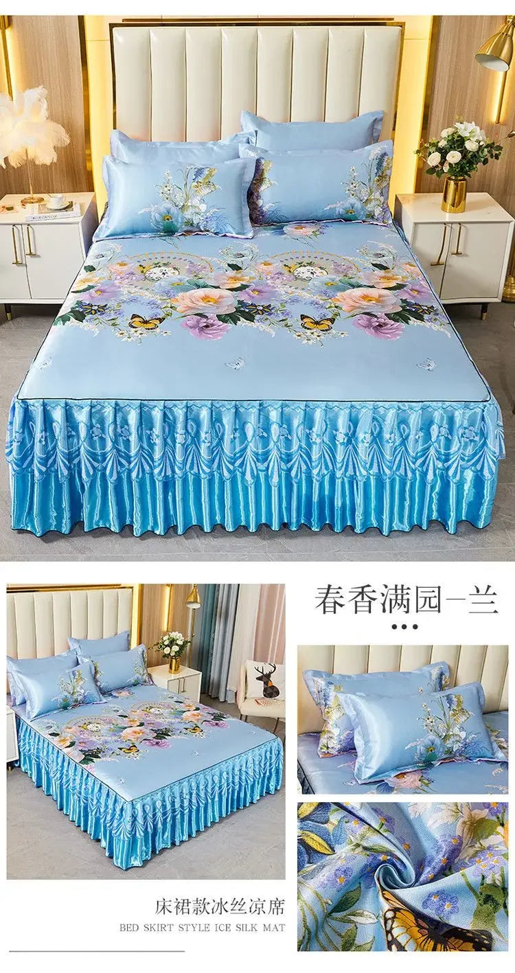 3Pcs/Lot Double Bed Sheet Set Classic Lace Royal Blue Bed Sheet Bed Skirt