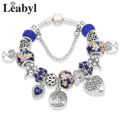Antique Tibetan Silver Tree of Life Charm Bracelets Green Crystal Flower Bead Bracelet with Heart Diy Jewelry Pulsera Mujer