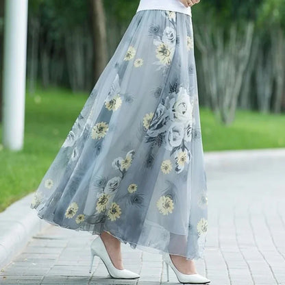 Chiffon Floral Maxi Summer Skirt Women Long High Waist Holiday Dance Skirt Elegant Beach Boho Hot Sale Lady Vintage Girl Fairy