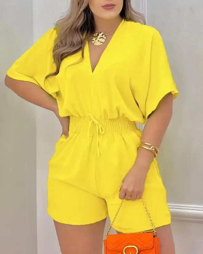 Summer Fashion Jumpsuit Women 2024 Batwing Sleeve Shirred Waist Casual Plain V-Neck Short Sleeve Above Knee Romper Streetwear - AMULET RING STORE