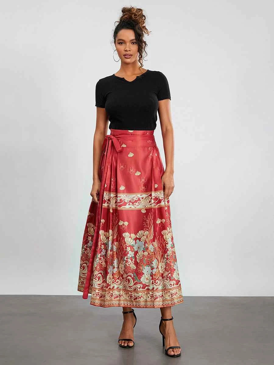 Women s Horse Face Skirt Elegant Phoenix Character Flower Print Pleated Tie Up A-Line Long Swing Skirt National Clothing