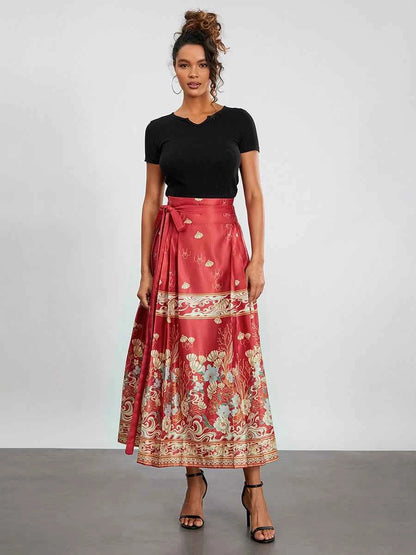 Women s Horse Face Skirt Elegant Phoenix Character Flower Print Pleated Tie Up A-Line Long Swing Skirt National Clothing