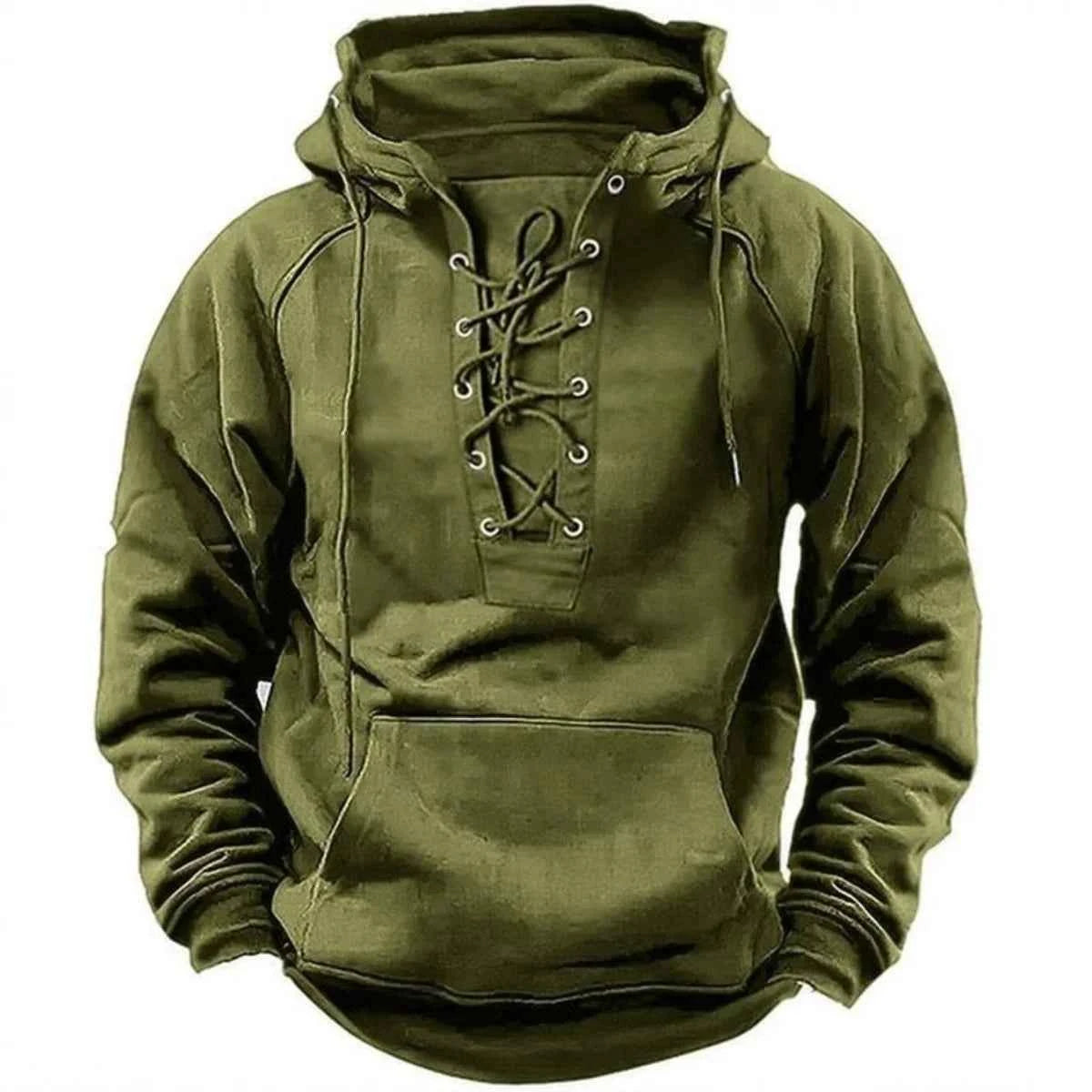 2025 Men's Autumn Winter Outdoor Casual Jacket: Retro Lace-Up, Loose Fit, Pure Color Long Sleeve Hooded Sweatshirt
