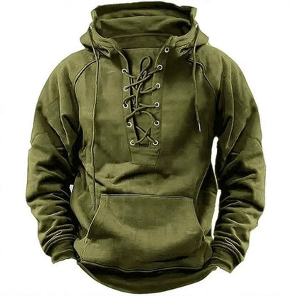 2025 Men's Autumn Winter Outdoor Casual Jacket: Retro Lace-Up, Loose Fit, Pure Color Long Sleeve Hooded Sweatshirt