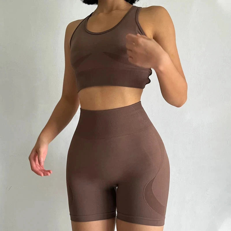 High Waist Seamless Fitness Suit Shockproof Sports Bra Women Quick-drying Training for Lifting Buttocks Three-point Shorts Sets