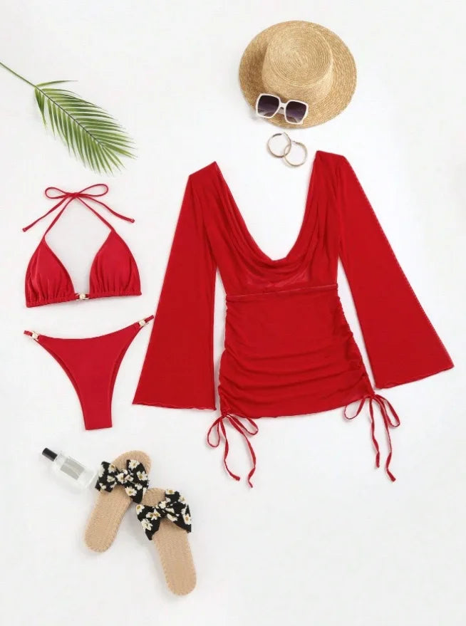 2024 Red 3 Pieces Set Swimsuit Women Thong Swimwear Sexy Matching Bikini Set Long Sleeve Dress Cover Up Beachwear Bathing Suit