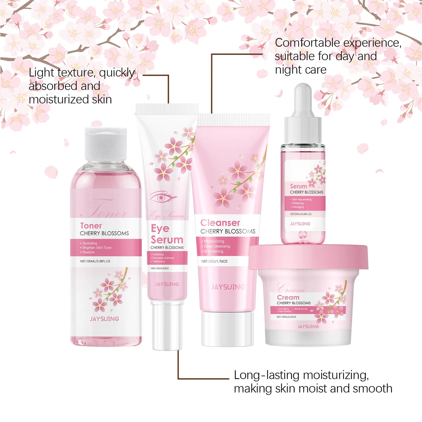 Sakura Skincare Set Moisturizer Face Cream Serum Toner Facial Cleanser Eye Cream Anti-Wrinkle Brighten Face Care Kit for Women - AMULET RING STORE