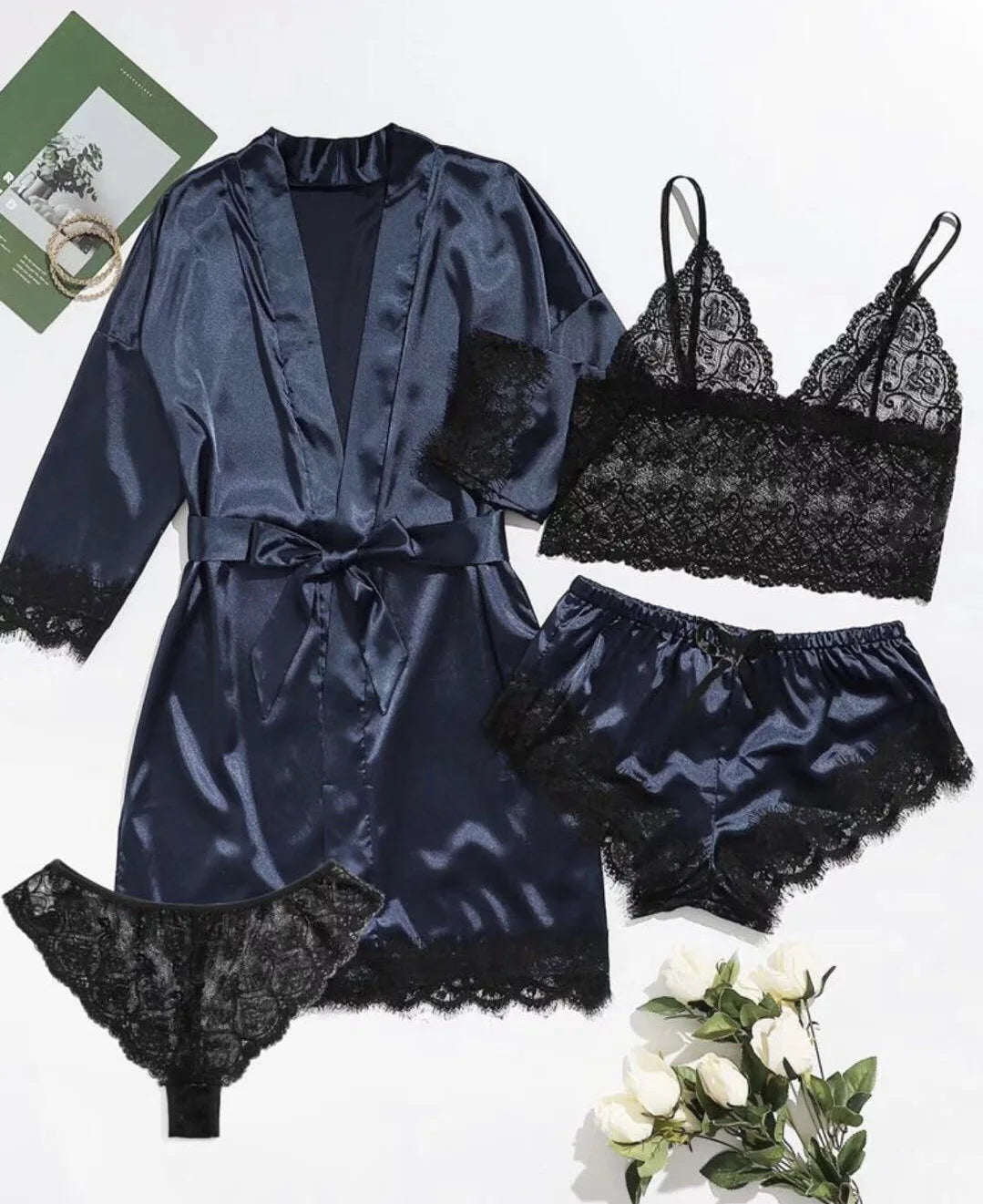 2025New Women's Pajama Fashion 4-piece Set Lace Satin Strap Sexy Pajama Set Dress Skin friendly Comfortable Casual Pajama Skirt - AMULET RING STORE