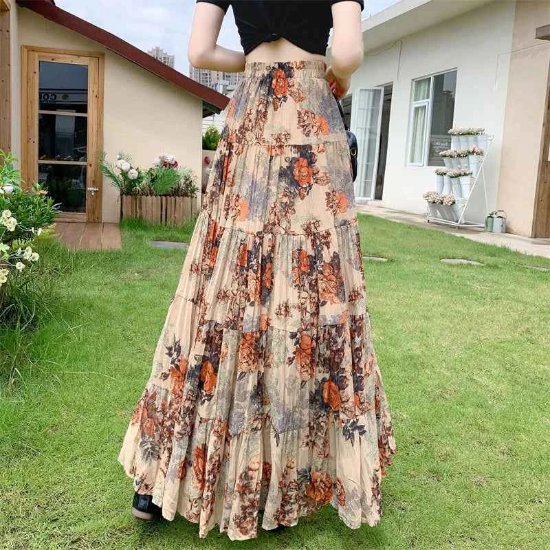 Retro Floral Pleated to Ankle f Skirt Women's Draped High Waist Midi A-Line Skirt Polyester Fiber Spring Season