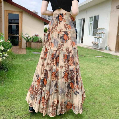 Retro Floral Pleated to Ankle f Skirt Women's Draped High Waist Midi A-Line Skirt Polyester Fiber Spring Season