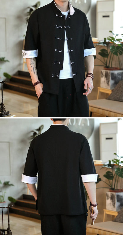 New Crane Embroidery Top Traditional Chinese Clothing for Men Vintage Half Sleeve Linen Shirts Solid Madarin Collar Hanfu Kungfu