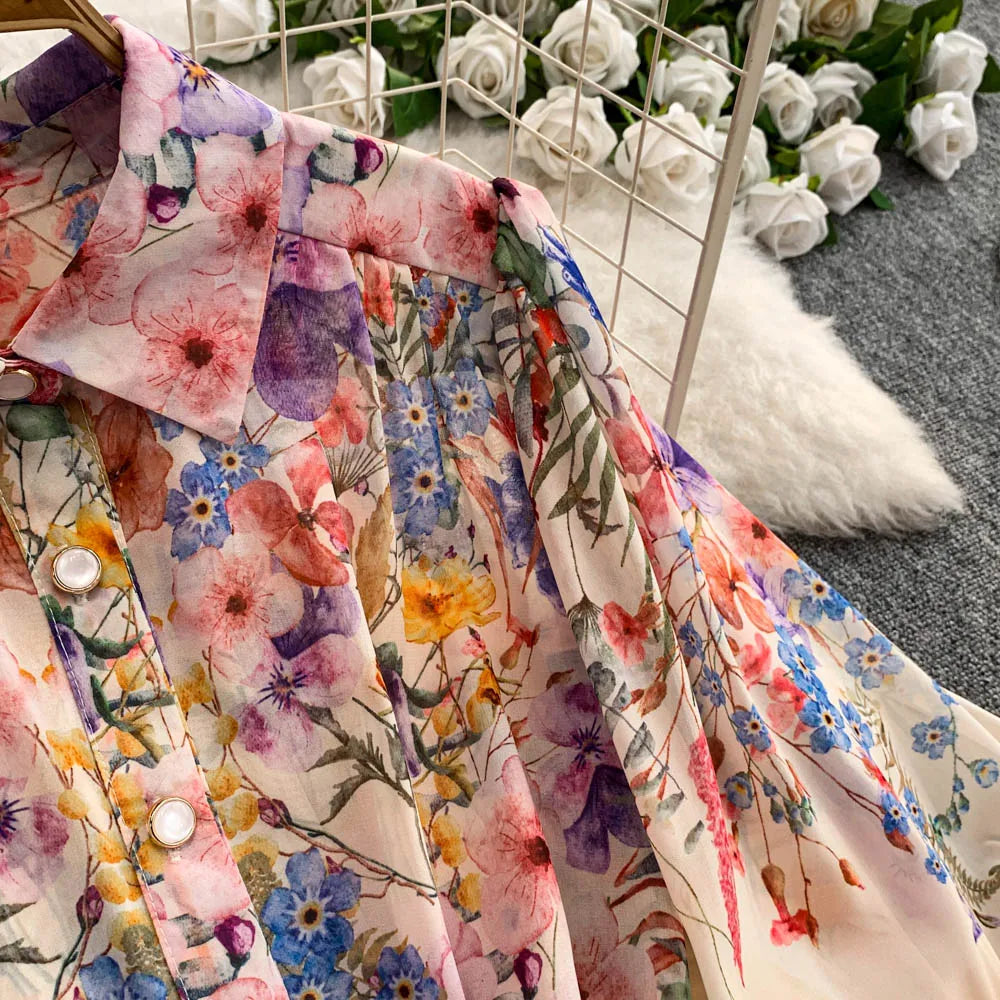 Faionable Print Long Dr Women's Spring Belted Waist Pleated Lantern Sve Turn-down Collar Dr Korean Sle Commute