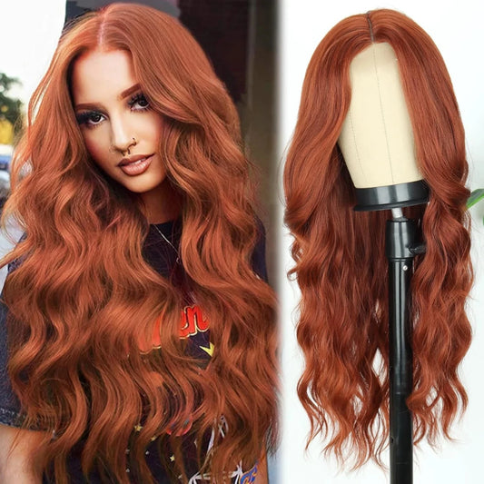 Auburn Wig for Women, 26 Inch Long Auburn Wavy Wigs for Women, Natural Looking Cooper Red Wig, Heat Resistant Synthetic Hair Wig - AMULET RING STORE