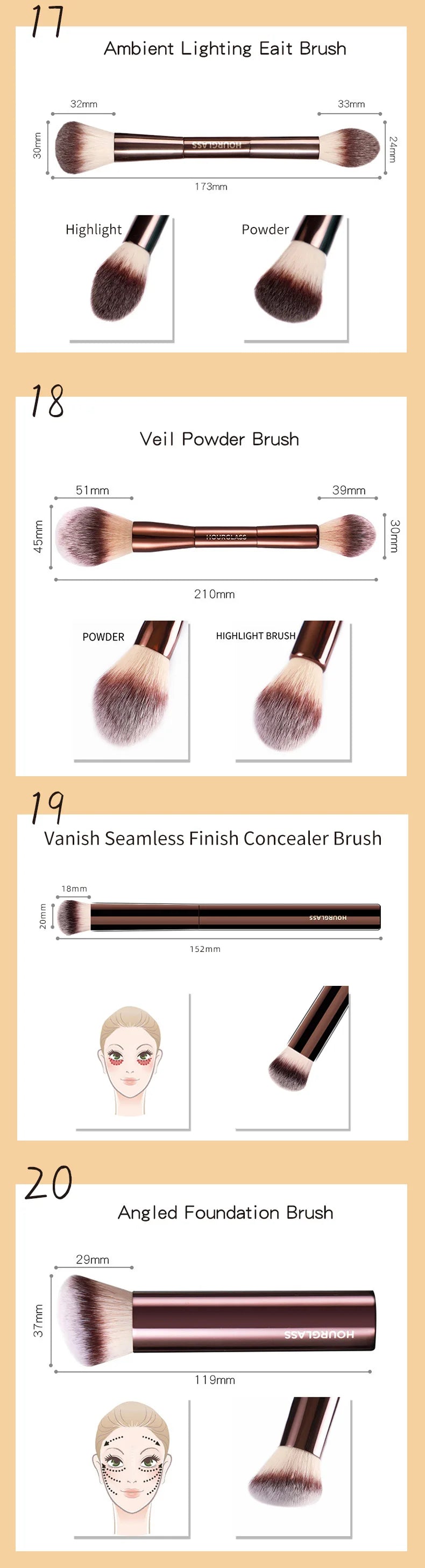 Hourglass Makeup Brushes Powder Foundation Concealer Blusher Bronzer Eye Shadow Eyebrow Eyeliner Sculpting Brush - AMULET RING STORE