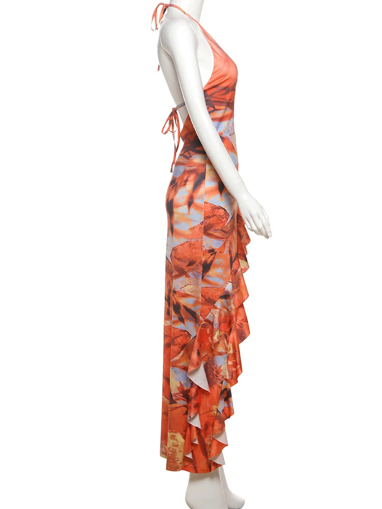 Nibber Bandage Dress Women Halter Metal Buckle Y2K Hollow Backless Summer Trend High Split Ruffles Sexy Elegant Maxi Bodycon - AMULET RING STORE