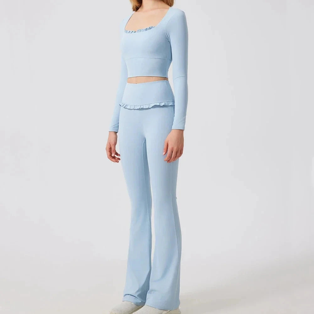 1/2PCS Pad Women Yoga Set Lotus Gym Fitness Long Sleeve Sports Crop Top High Waist Bell Flare Legging Workout Athletic Wear