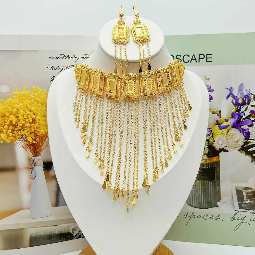 Earring Tassel Necklace Middle East 4pcs Jewelry Women Cuff Bangles with Ring Jewelry Dubai Fashion Set African Jewelry Wedding