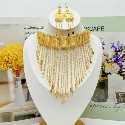 Earring Tassel Necklace Middle East 4pcs Jewelry Women Cuff Bangles with Ring Jewelry Dubai Fashion Set African Jewelry Wedding