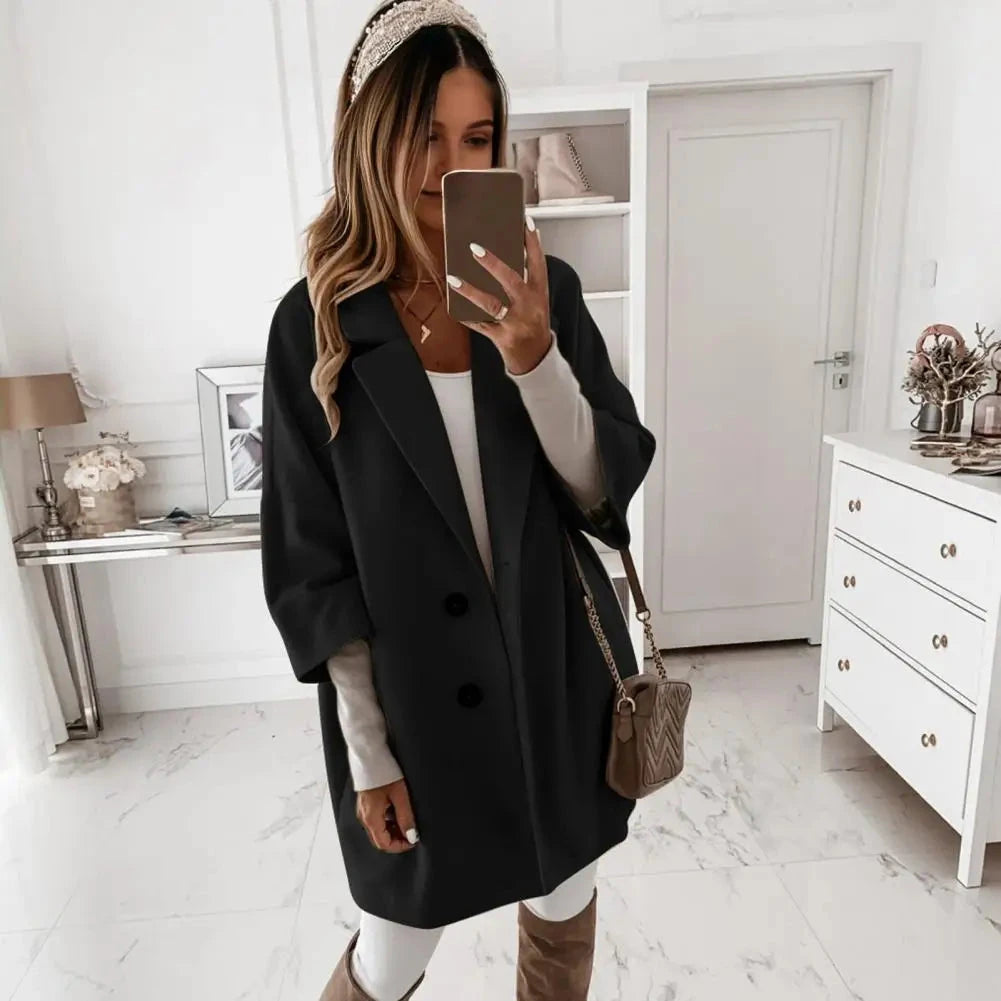 Fall Winter Women's Jacket 3/4 Long Sleeve Button Lapel Pocket Woolen Warm Jacket Coat Solid Color Thermal Fitted Cardigan Coat - AMULET RING STORE