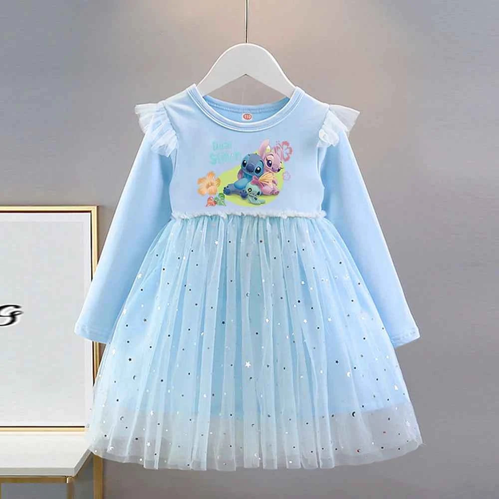 Girls Dress 2025 New Kids Clothes Autumn Long sleeves Disney Children Stitch Princess Dresses Baby Girl Cute Birthday Party 2-8Y