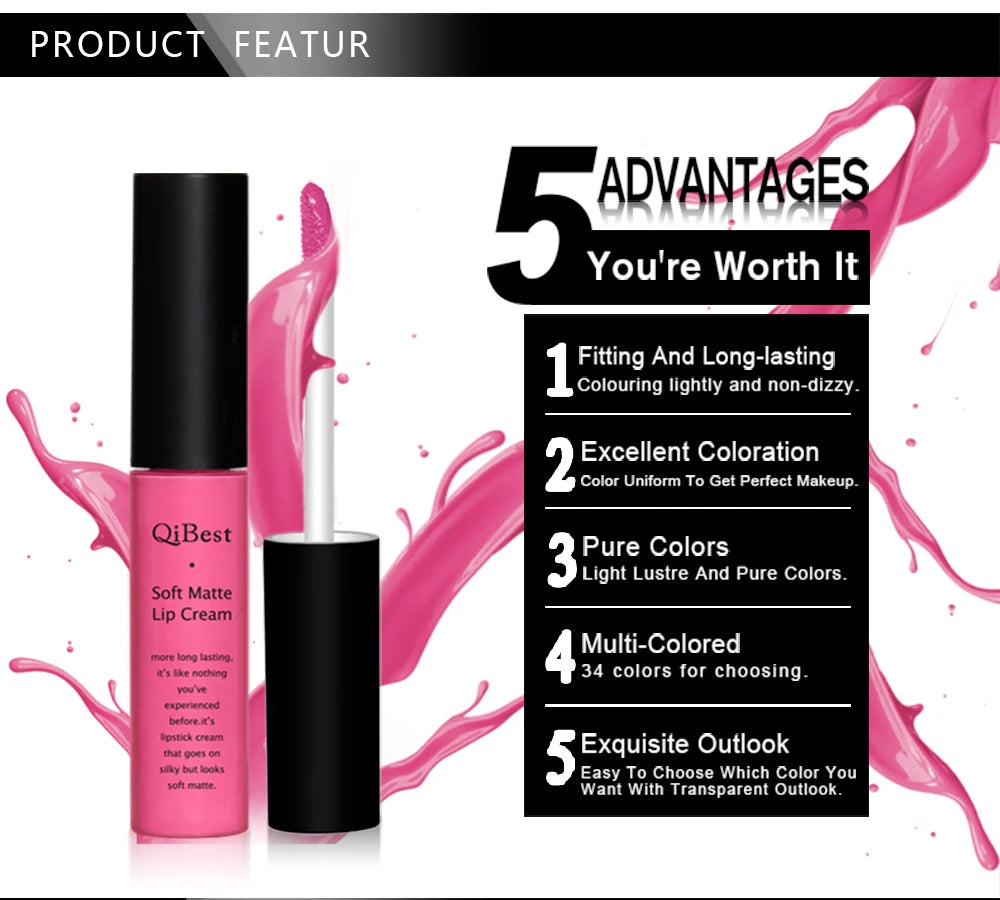 QIBEST Sexy Velvet Matte Lip Gloss Liquid Lipstick Lipgloss Beauty Red Nude Waterproof Long-lasting Lip Stain Makeup For Women - AMULET RING STORE