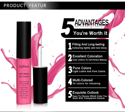 QIBEST Sexy Velvet Matte Lip Gloss Liquid Lipstick Lipgloss Beauty Red Nude Waterproof Long-lasting Lip Stain Makeup For Women - AMULET RING STORE