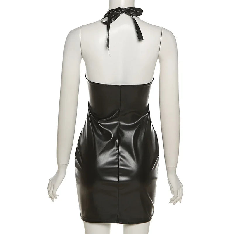 Sexy Deep V Neck Wrap Chest PU Leather Slim Bodycon Dress Women Backless Sleeveless Mini Dress Elegant Club Party Vestidos - AMULET RING STORE