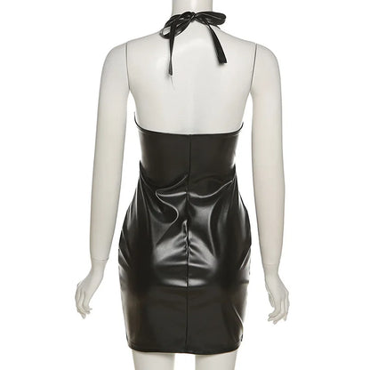 Sexy Deep V Neck Wrap Chest PU Leather Slim Bodycon Dress Women Backless Sleeveless Mini Dress Elegant Club Party Vestidos - AMULET RING STORE