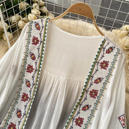 Summer Women's Shirt Bohemian Holiday Style Embroidered Tassel Chiffon Cardigan New Waist Female Slim Short Tops - AMULET RING STORE