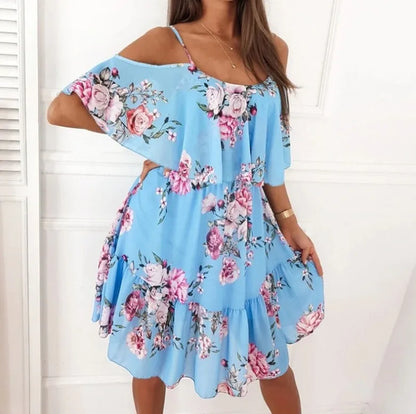 Woman Floral Print Dress Summer Spaghetti Strap Off Shoulder Sleeveless Dresses Holiday A-Line Mesh Fabric Party Dress Vestidos - AMULET RING STORE