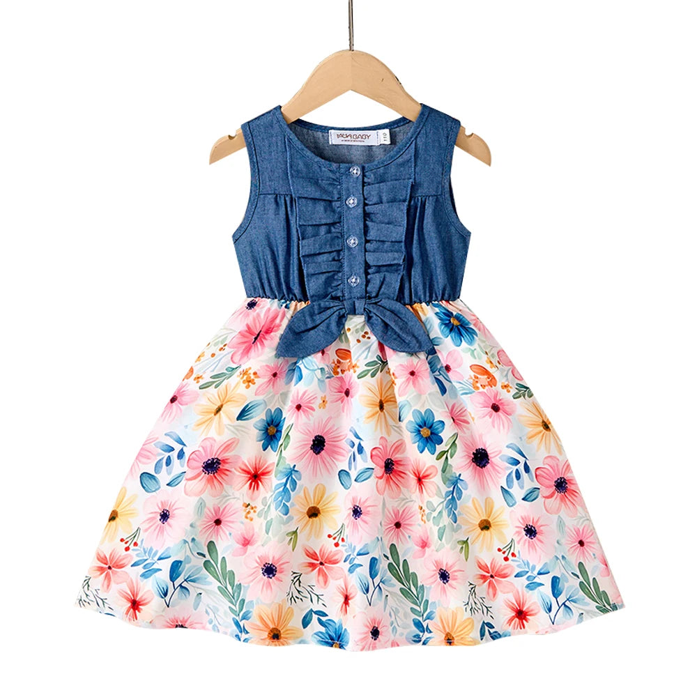 New Kids Girl Dress Summer Floral with Bow Fashion White Vestidos Short Sleeve Children Clothing Outfits Casual Printed  Dresses