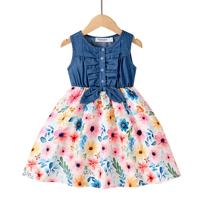 New Kids Girl Dress Summer Floral with Bow Fashion White Vestidos Short Sleeve Children Clothing Outfits Casual Printed  Dresses