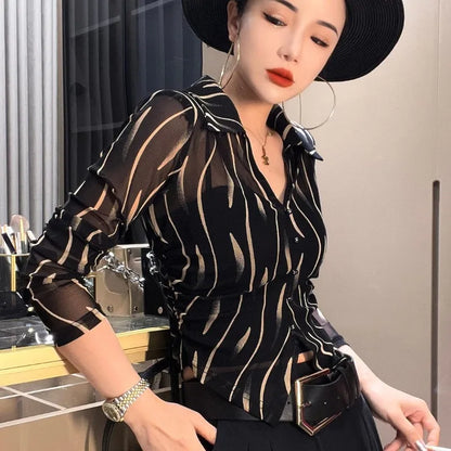Female Crop Tops Striped Transparent Black Summer Full Long Sleeve Sexy Button Up Women's Shirt and Blouse See-through Chic M Xl