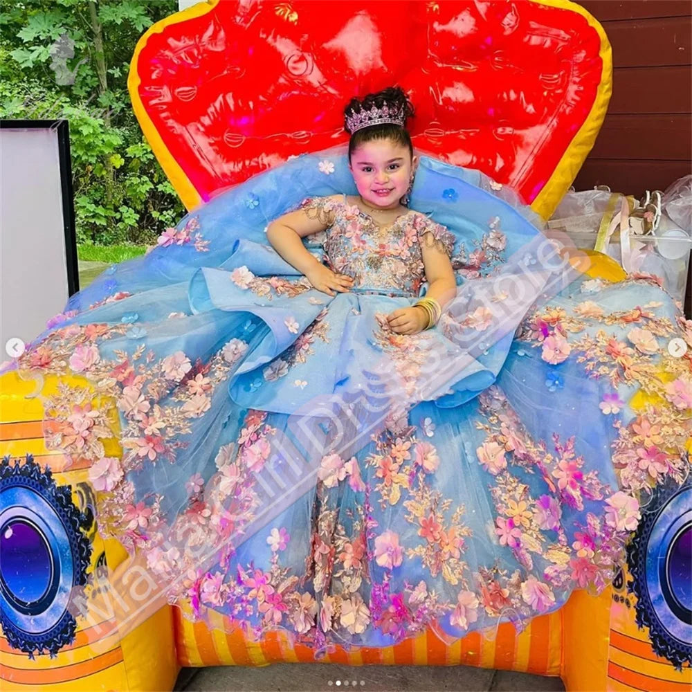 Luxury Appliqué  Flower Girl Dress Spaghetti Straps Birthday Lace Appliques Off Shoulder V-Neck First Communion Gown