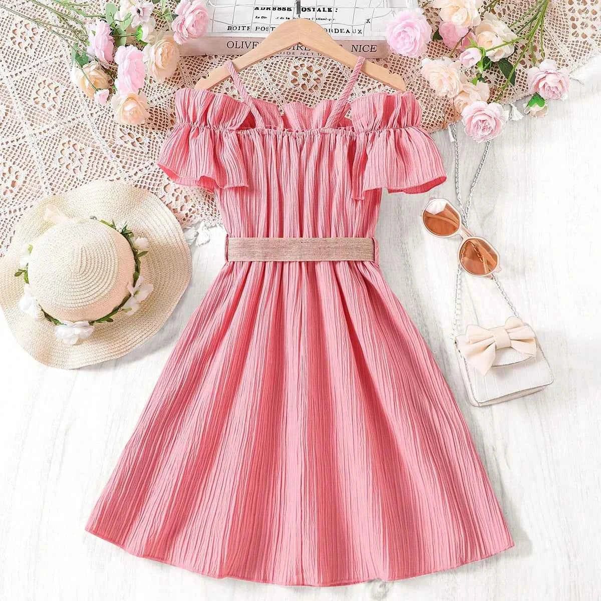 Girls Casual Dresses One-line Shoulder Strap Patchwork Lace Dress Kids Clothes Girls 8 To 12 Years Princess Dress for Girls