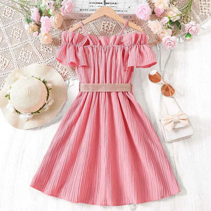 Girls Casual Dresses One-line Shoulder Strap Patchwork Lace Dress Kids Clothes Girls 8 To 12 Years Princess Dress for Girls
