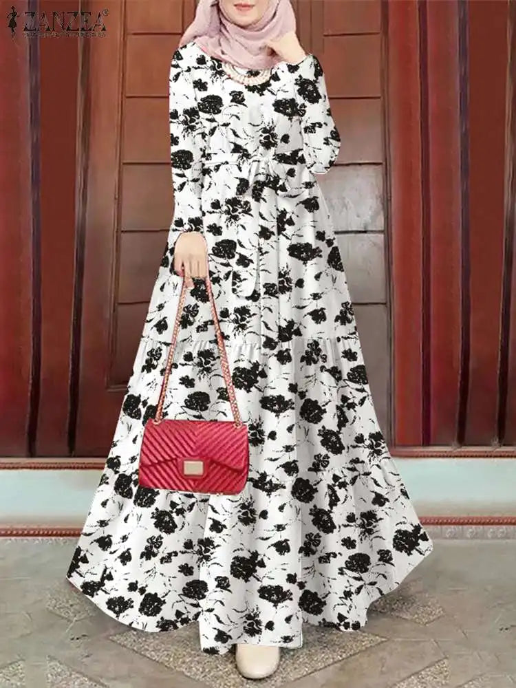 Women Vintage Long Sleeve Floral Printed Sundress Muslim Long Dress Turkey Abaya ZANZEA Eid Mubarek Robe IsIamic Hijab Vestido - AMULET RING STORE