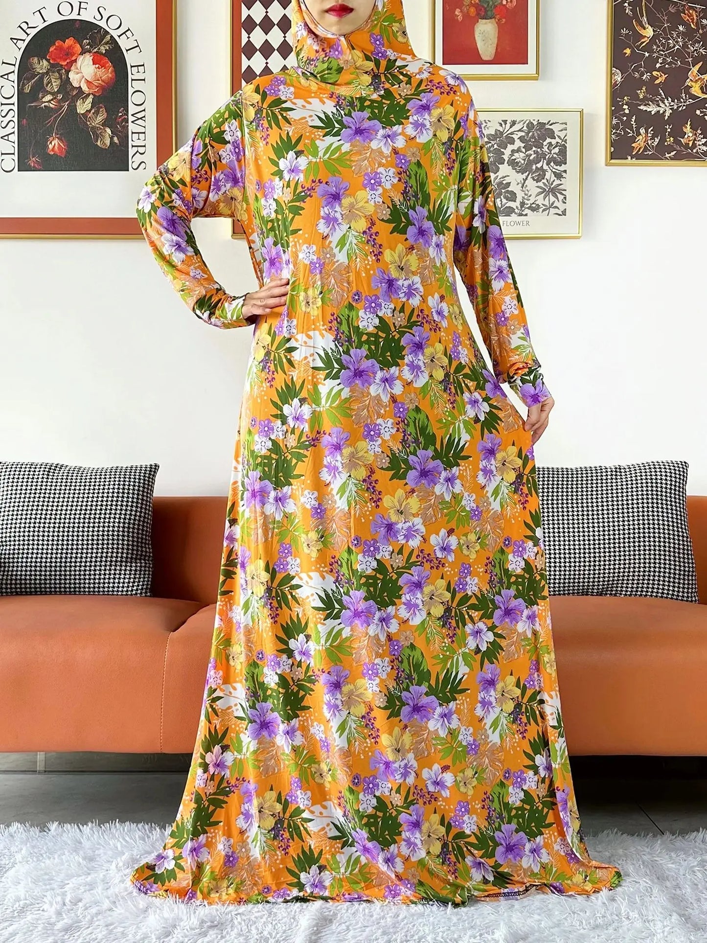 2025 Floral Ramadan Muslim Dress Solid Color Khimar Kaftan Abaya Robe with Attached Hijab Middle East Prayer Garment for Women - AMULET RING STORE