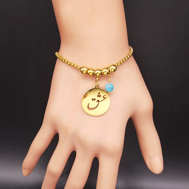 Persian Love Poems Stone Stainless Steel Bracelet Charm for Women Gold Color Iran Chain Bracelet Jewelry pulseras B1728-QKCS02