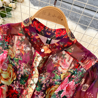 SINGREINY Vintage Print Chiffon Dresses Women Lantern Sleeve O Neck Design Fashion High Quality Court Floral Pleated Long Dress